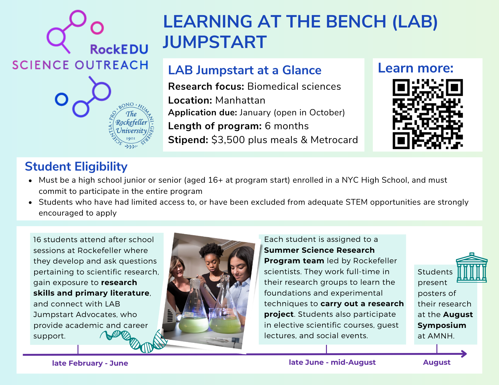 Learning at the Bench (LAB) Jumpstart, a biomedical science research program by RockEDU Science Outreach at Rockefeller University. A six-month program for New York City high school juniors and seniors age 16 or older. Students attend after-school sessions at Rockefeller University to learn research skills, read scientific literature, and receive academic and career support, then participate in a full-time summer research project in a Rockefeller laboratory. Students present research posters at the August Symposium at AMNH. Program includes a $3,500 stipend plus meals and a MetroCard.