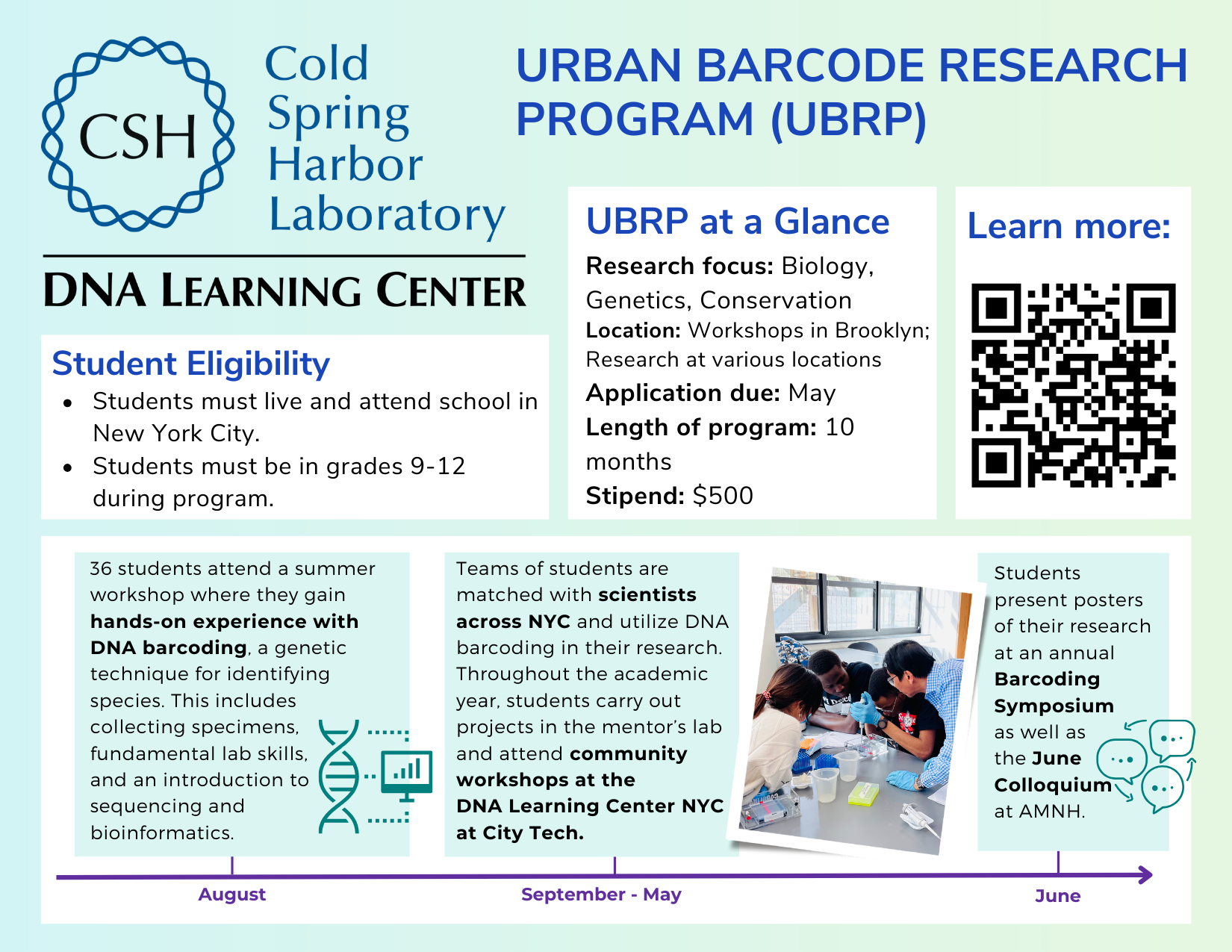 Urban Barcode Research Program (UBRP) by Cold Spring Harbor Laboratory’s DNA Learning Center. A 10-month biology and genetics research program for New York City students in grades 9 through 12. Students participate in a summer workshop learning DNA barcoding techniques, then work in teams with scientists throughout the academic year to conduct genetic research, attend laboratory and community workshops, and analyze data. Students present research posters at an annual barcoding symposium and a June colloquium. Program includes a $500 stipend.
