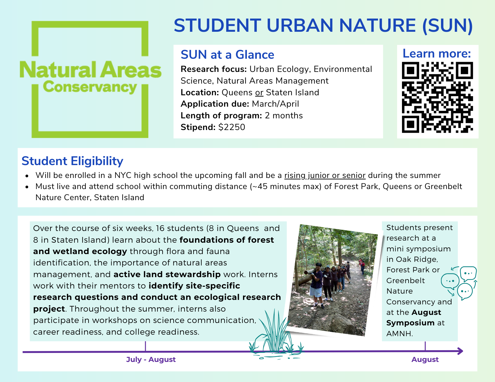 Natural Areas Conservancy Student Urban Nature (SUN) program information card. Describes a paid, two-month summer research program in urban ecology and environmental science for New York City high school students. Participants learn forest and wetland ecology, conduct field research projects, engage in land stewardship work, and attend workshops on science communication and career readiness. Students present research at a mini-symposium and the August AMNH Symposium. Includes eligibility requirements, stipend amount, application timeline, and a QR code for more information.