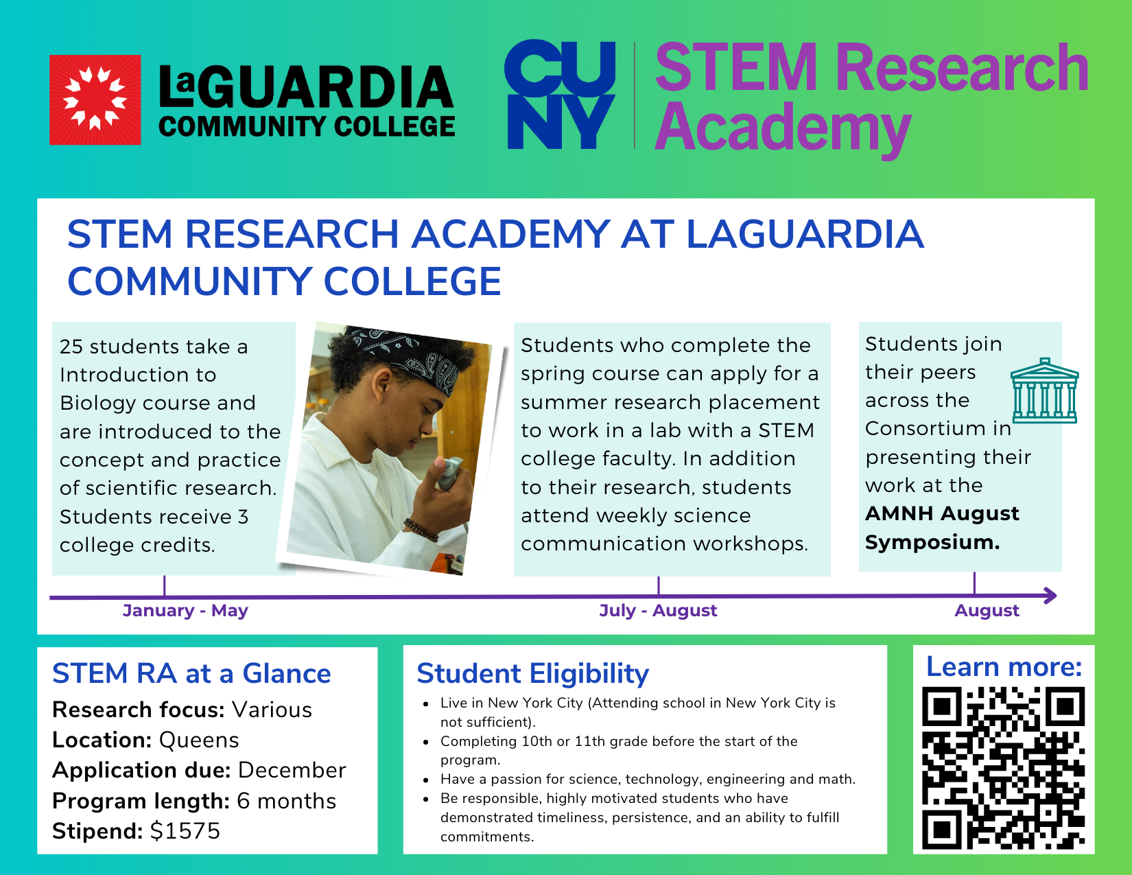 STEM Research Academy at LaGuardia Community College, a CUNY program for New York City high school students. Participants take an introductory biology course from January through May, learn the concepts and practice of scientific research, and earn three college credits. Students who complete the spring course may apply for a paid summer research placement working in a laboratory with a STEM faculty mentor and attend weekly science communication workshops. Students present their work at the AMNH August Symposium. The program runs six months and includes a $1,575 stipend.